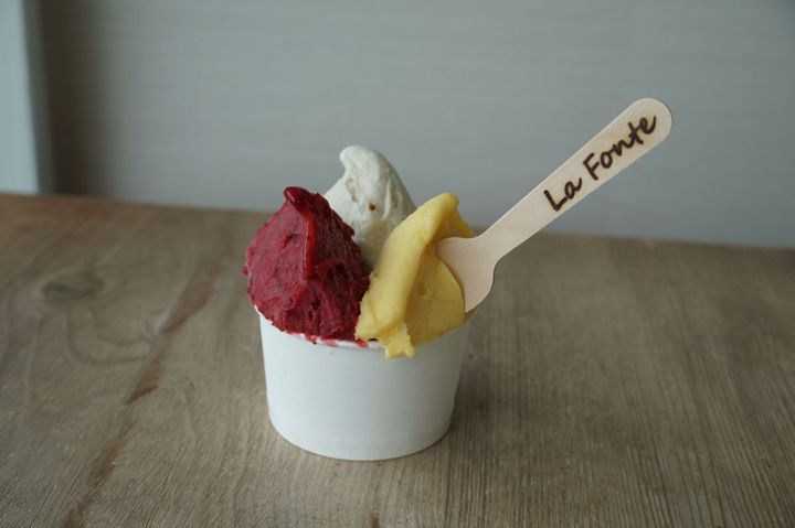 すももシャーベット(左)、 パッションフルーツシャーベット(右)、奄美黒糖(奥)