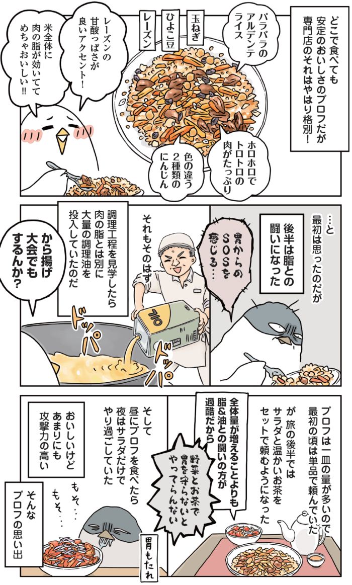 プロフの美味しさとヘビーさを、旅人の実体験として描いたコミックイラスト