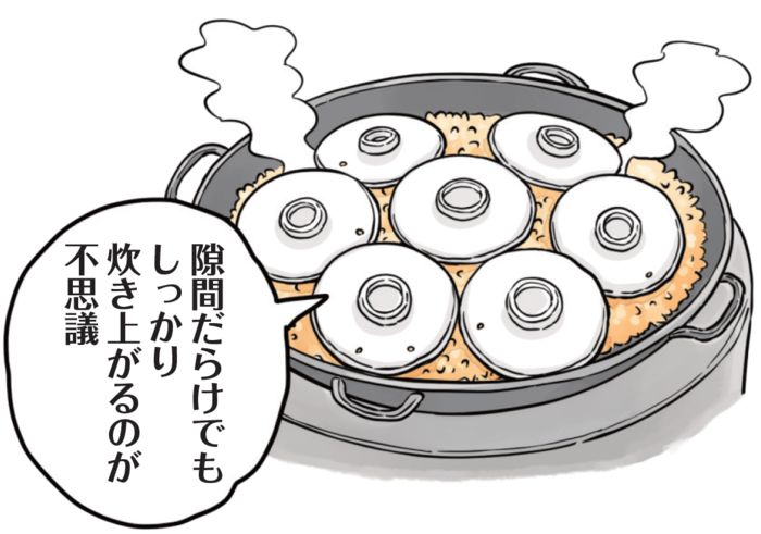 プロフづくりの工程のイラスト。大きな鍋にプロフ、その上には小皿が敷き詰められている。「すき間だらけでもしっかり炊きあがるのが不思議」という吹き出しがついている