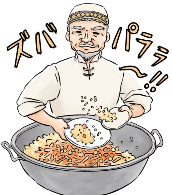 出来立てのプロフ。鍋の上で、皿から皿に盛る様子