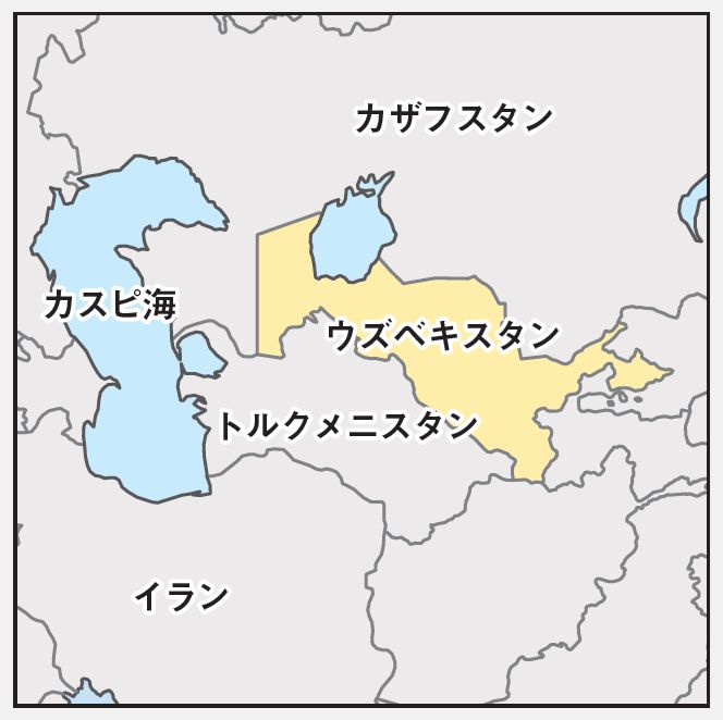 ウズベキスタンとトルクメニスタンの位置がわかる中央アジア地図。カザフスタン、イラン、カスピ海との位置関係を示す。