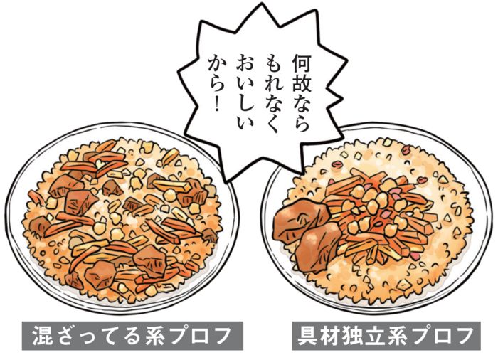 低橋さんが描いた「混ざってる系プロフ」「具材独立系プロフ」のイラスト。「なぜならどちらも美味しいから」という吹き出しがついている