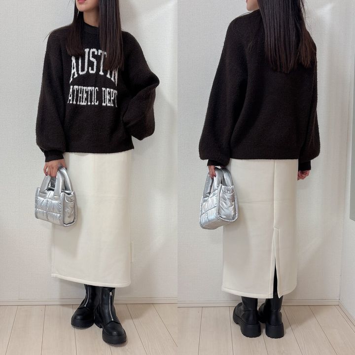 GUパフスウェットナロースカートとロゴニットコーデ