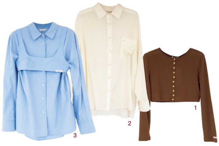 1.クロップト丈が今っぽいカーデ（₩79,000）。細かく並んだボタンがアクセント。2.落ち感のあるシンプルなシアーシャツ（₩149,000）は希さんもお買い上げ♡ 3.セットで着るとお洒落度が倍増するシャツ（₩ 149,000）とブラキャミ（₩89,000）は要チェック。