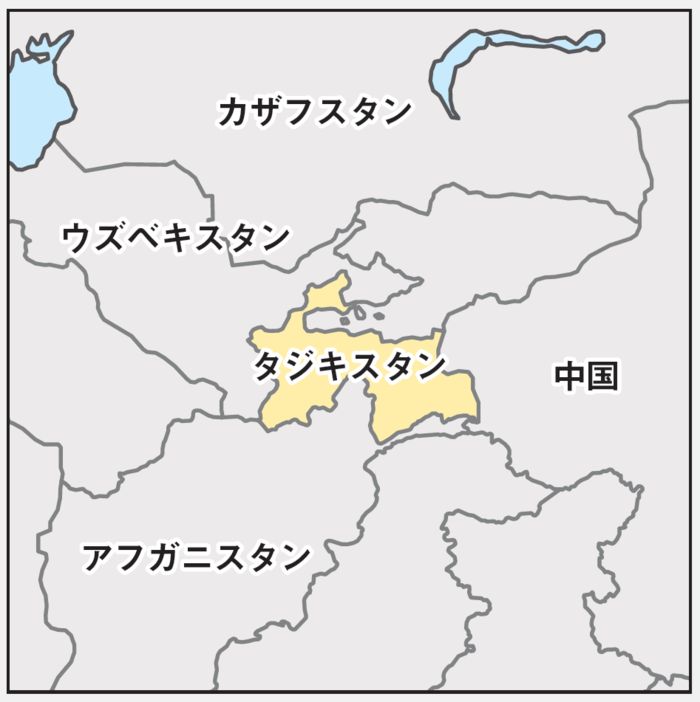 中央アジアの地図。タジキスタンが黄色で強調表示され、周囲にウズベキスタン、カザフスタン、中国、アフガニスタンの国名が日本語で示されている。