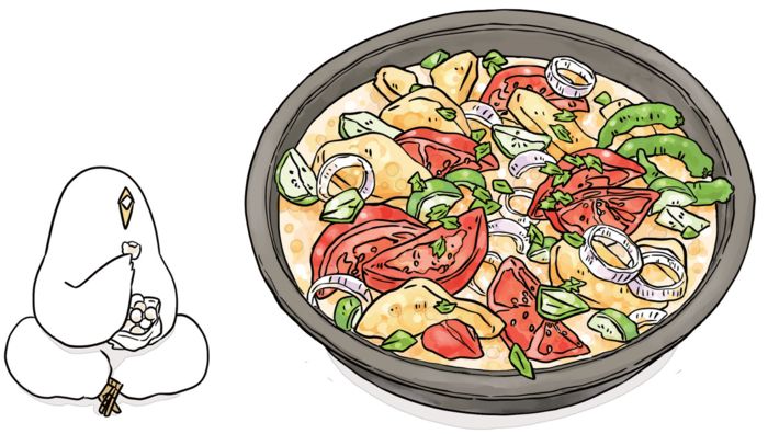 低橋さんが描いたタジキスタンのヨーグルト料理「クルトップ」のイラスト