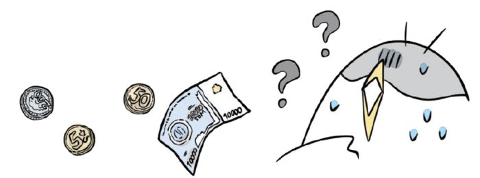 コインと紙幣が描かれ、その横でハテナを浮かべて困惑した表情のキャラクターが汗をかいているイラスト。お金の価値や使い方に戸惑っている場面を表している。
