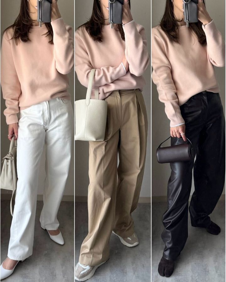 ユニクロのウォッシャブルミラノリブクルーネックセーターのコーデ1