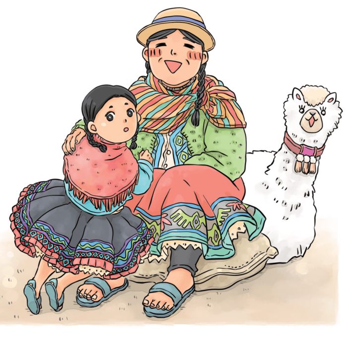 伝統衣装を着た女性と子どもが並んで座り、そばにアルパカがいる様子を描いたイラスト。南米アンデス地方の暮らしを感じさせる情景。