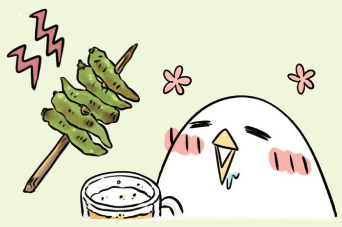 串に刺さった青唐辛子を前に、辛さにやられている様子の低橋さんのイラスト。横には飲み物が描かれている。