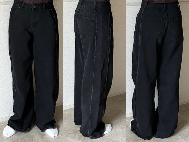 ウィメンズフレイサイドワイドデニムパンツ サイズ25の丈感