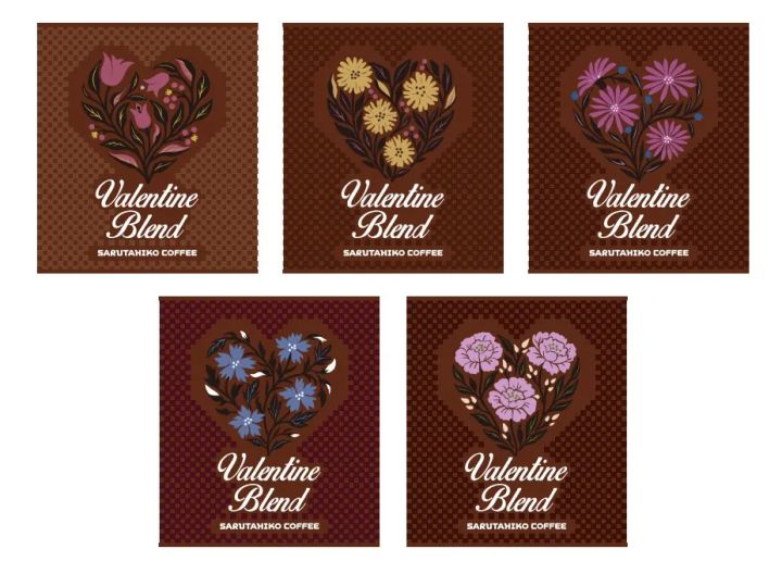 バレンタインブレンドと書かれたコーヒーのパッケージデザイン。ハートの形をした花のイラストが特徴的。
