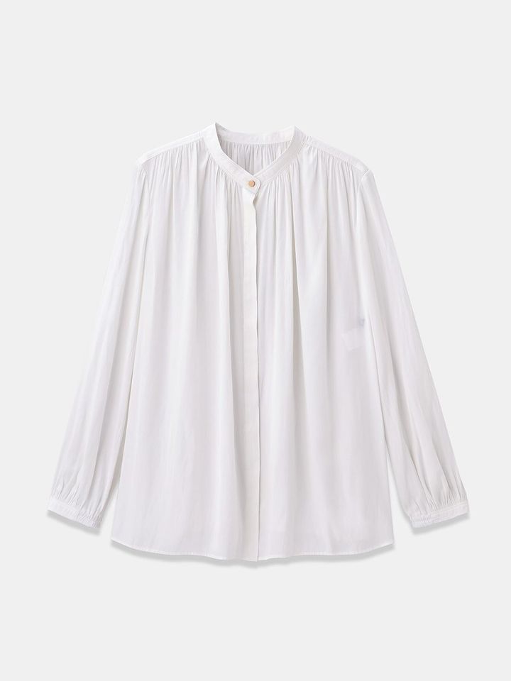 PLSTのヴィンテージサテンメタルボタンブラウス