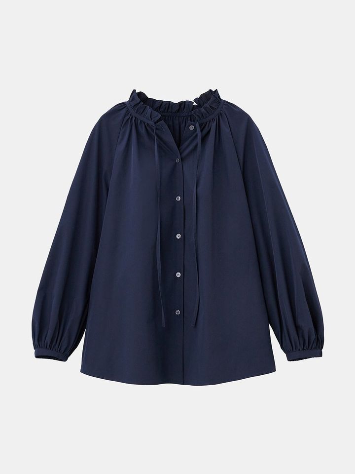 PLSTのタイプライターフリルブラウス