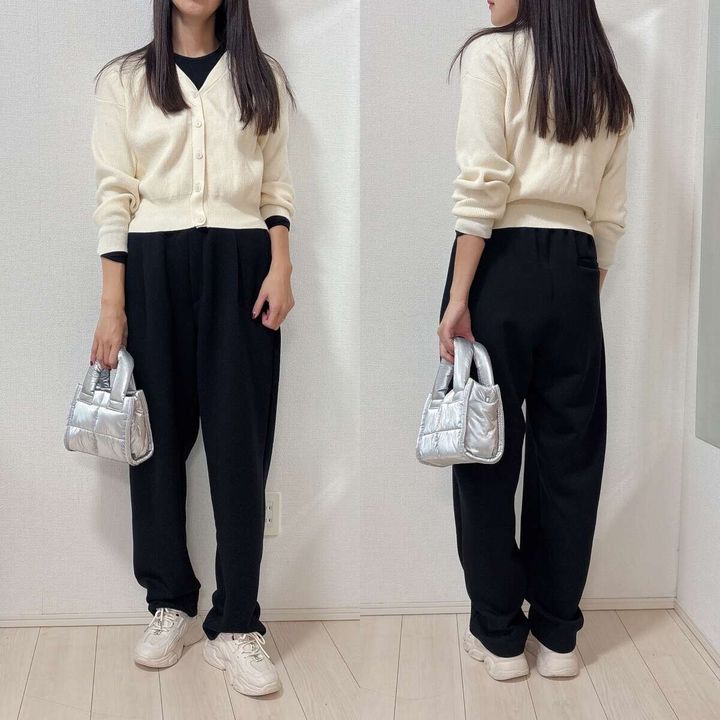 GUパフスウェットキャロットパンツのコンパクトトップスコーデ