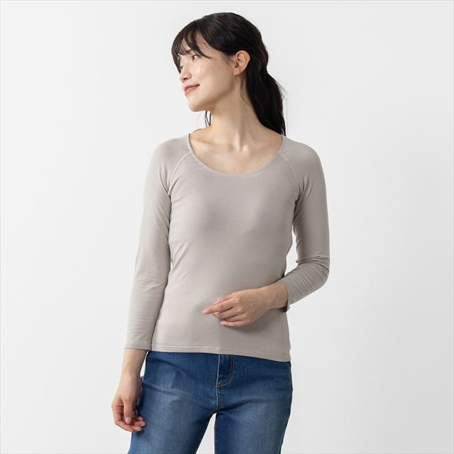 H 保湿Uネック発熱綿混あたたかインナー8分袖