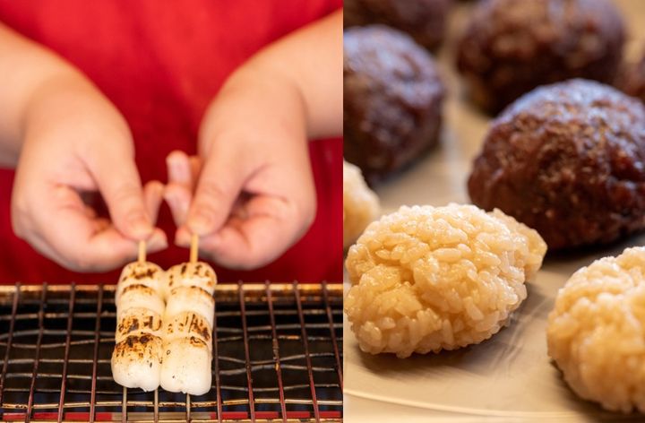 だんごを焼く香ばしい匂いが漂う(左）、摂田屋おはぎは、ごはんに醤油の隠し味（右）