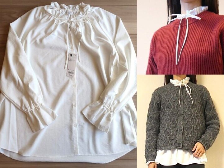 GUの白ブラウス「フリルネックチュニック」は、上品フェミニンな大人の着こなしにぴったり。着まわしがきき、高見えするところもおすすめです。※画像：筆者撮影