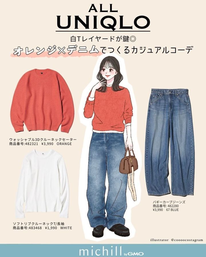 2026ALLユニクロオレンジニットカジュアルコーデ