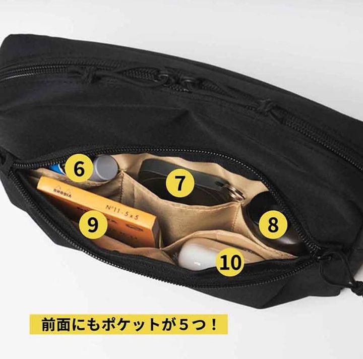 バッグの前面ポケット内にもポケットを5つ備える