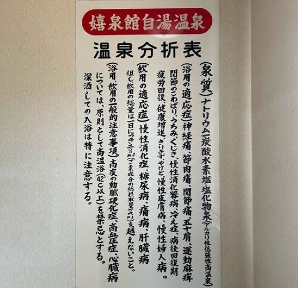 泉質表がこちら。嬉泉館の自家源泉だ 画像提供：嬉泉館
