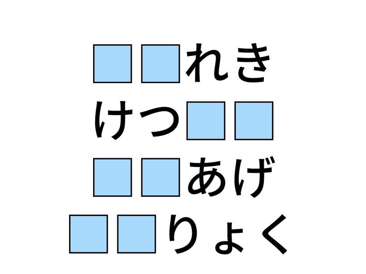 毎日の健康管理に欠かせないあの数値から、おいしい食材まで！ 4つの言葉を完成させる「ひらがな2文字」を当てるクイズです。ひらめき力をフル回転させて、1分以内の正解を目指しましょう。