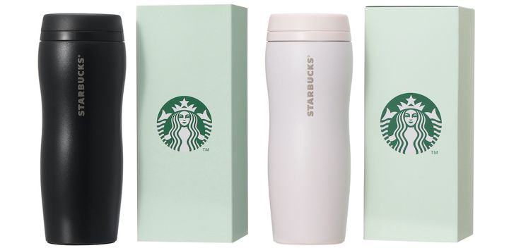 （左から）「ギフトボックス入りカーヴドリサイクルステンレスボトルマット ブラック/ ピンクベージュ」355ml 各5200円