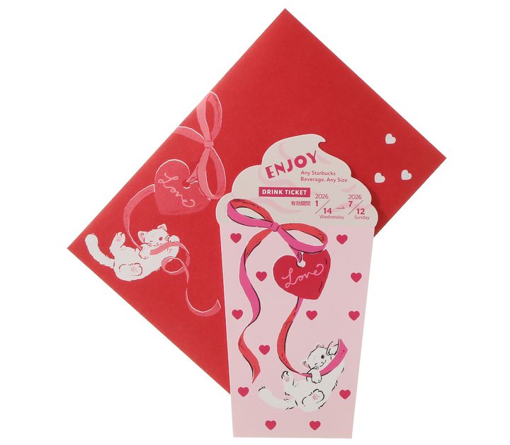 「バレンタイン2026ビバレッジカード（ドリンクチケット付）」750円 【ドリンク引換有効期間】2026年1月14日（水）～2026年7月12日（日） 【ドリンク交換チケット】700円（店内利用）、687円（持ち帰り）までのドリンクと交換可能