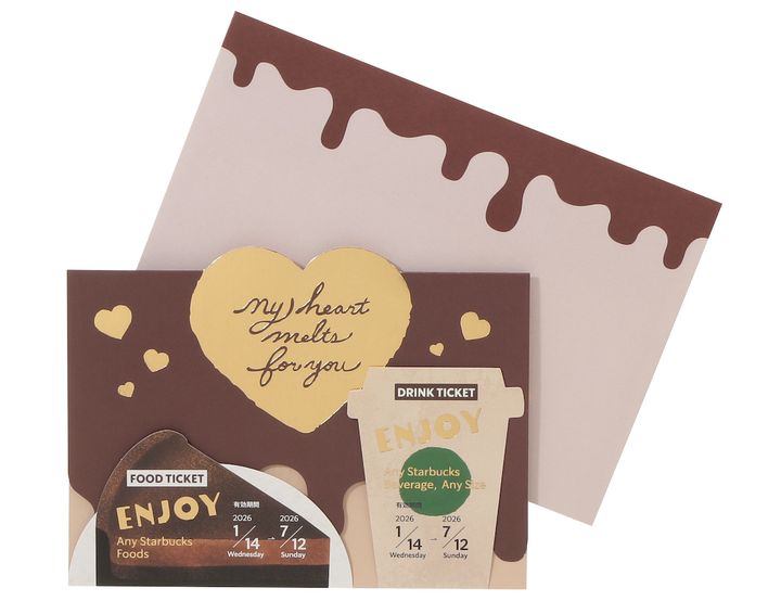 「バレンタイン2026フード＆ビバレッジカード（フード＆ドリンクチケット付）」1100円 【ドリンク引換有効期間】2026年1月14日（水）～2026年7月12日（日） 【ドリンク交換チケット】583円（店内利用）、572円（持ち帰り）までのドリンクと交換可能 【フード交換チケット】506円（店内利用）、496円（持ち帰り）までのフードと交換可能