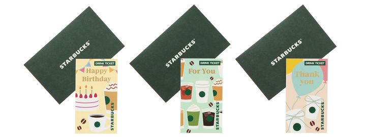 （左から）「ビバレッジギフトミニカード Happy Birthday / For You / Thank You（ドリンクチケット付き」各550円 【ドリンク引換有効期間】2026年1月14日（水）～2026年7月12日（日） 【ドリンク交換チケット】500円（店内利用）、491円（持ち帰り）までのドリンクと交換可能