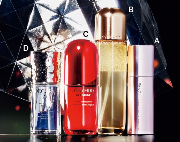 【A】アドバンスト ビューティ コンセントレート 【B】オーキデ アンペリアル ゴールドノビレ ザ ゴールデッセンス ローション 【C】アルティミューン™ パワライジング セラム 【D】AQ 毛穴美容液オイル