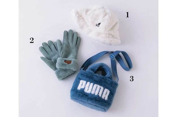 最新「ファーアイテム」17選 バッグ・ハット・小物編 1.帽子￥12,100／カンゴール ヘッドウェア 2.手袋￥17,369／アグ®（ディッカーズジャパン） 3.バッグ￥5,600／プーマ（プーマ お客様サービス）