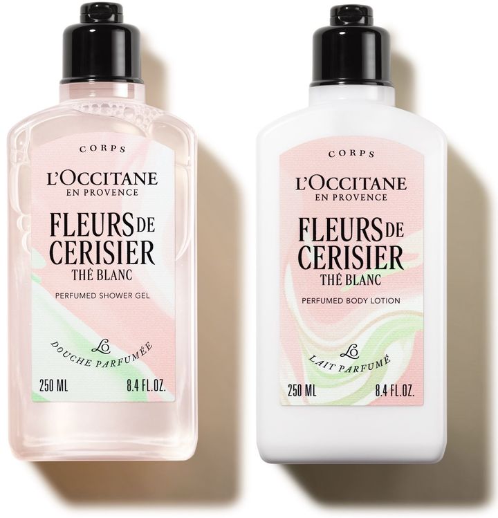 〈左から〉テ・ブラン サクラ パフュームド シャワージェル 250ml ￥3,960 テ・ブラン サクラ パフュームド ボディミルク 250ml ￥4,840（ともに1月28日より限定発売）