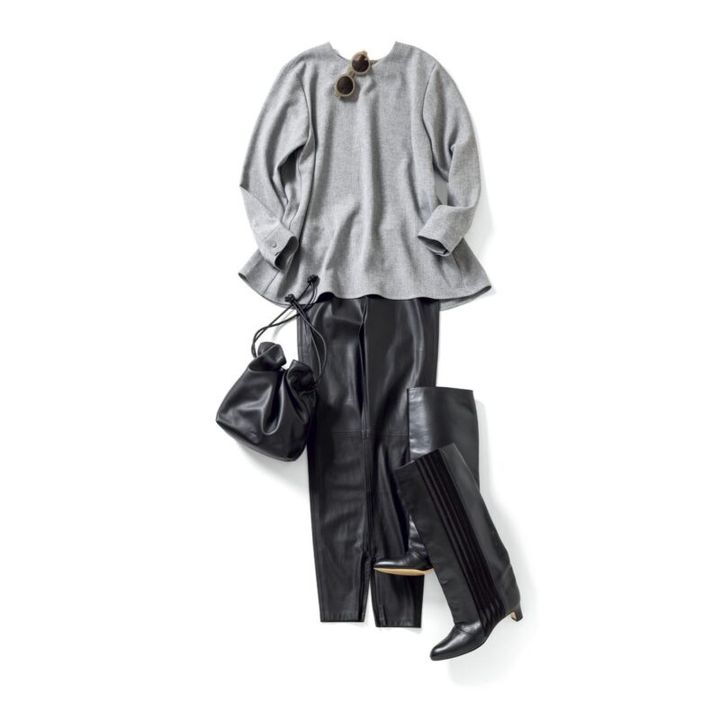 【着回しアイテム：Ⓑ】パンツ3万800円（ルームエイト／オットデザイン） バッグ4万9500円（ヴァジック／ヴァジックジャパン） ブーツ10万5600円（ネブローニ／ピモンテ） サングラス4万8400円（プロポ／プロポデザイン）