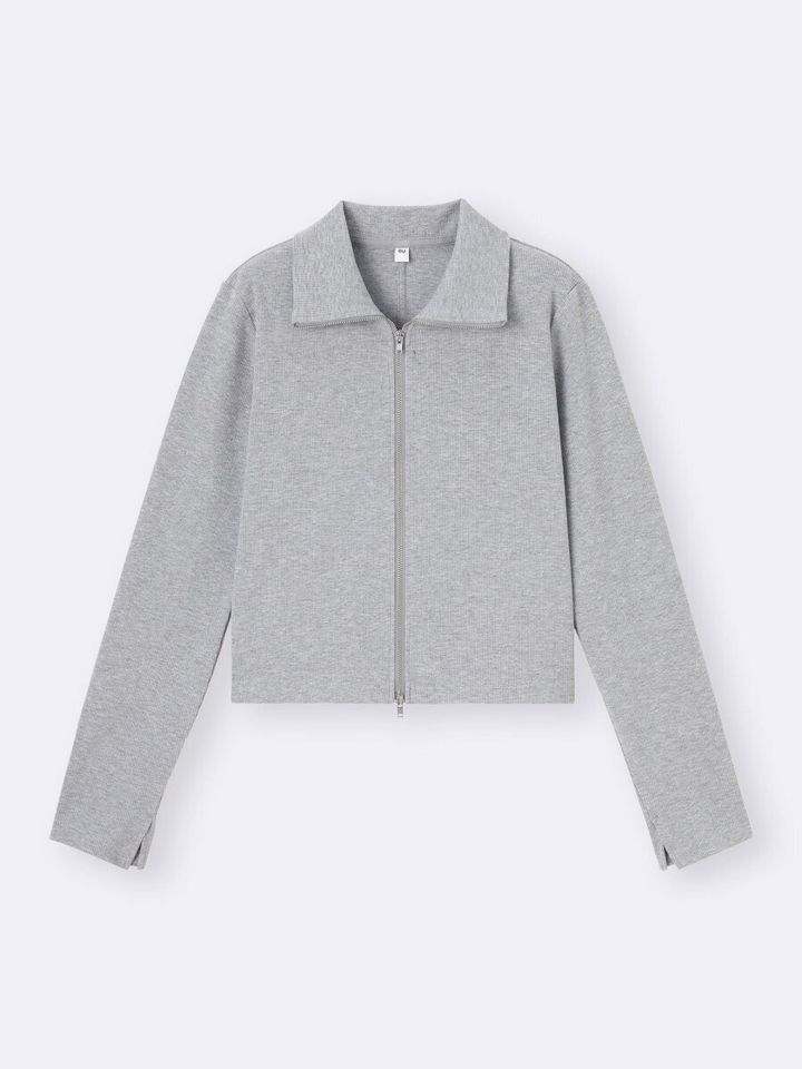 2026guレディースグレーリブダブルジップカーディガン