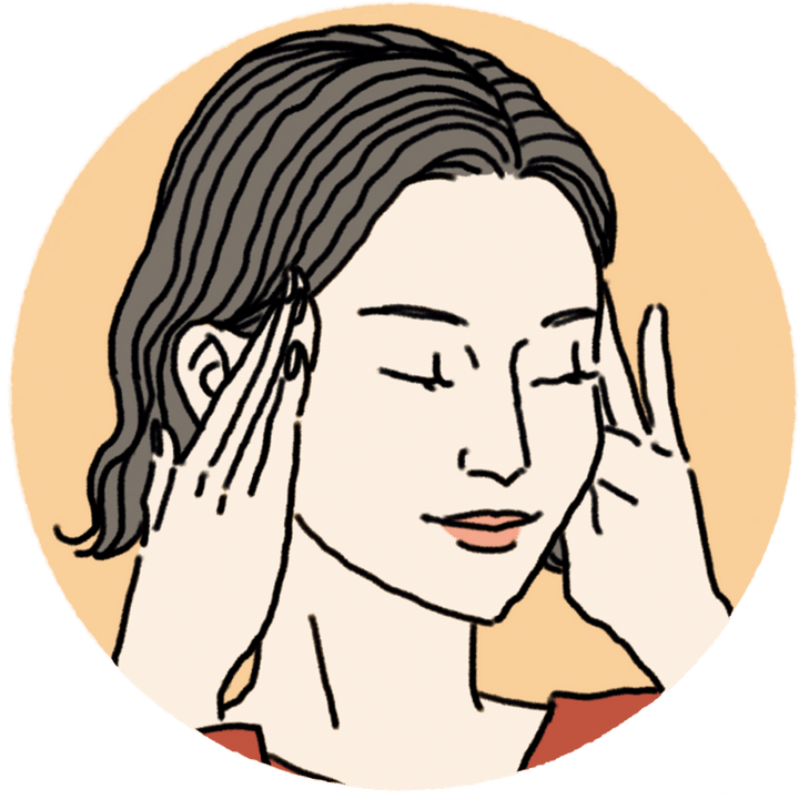 奥歯の噛み合わせ辺りからこめかみ、髪の生え際を、指の腹でグリグリもみ込む。