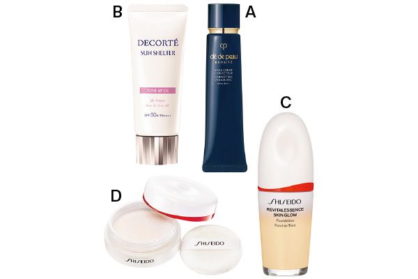 【A】と【B】を顔の中心をメインにのせて広げ、【C】も同様に。トーンをあげつつ【D】を全顔にのせてセミマットに。