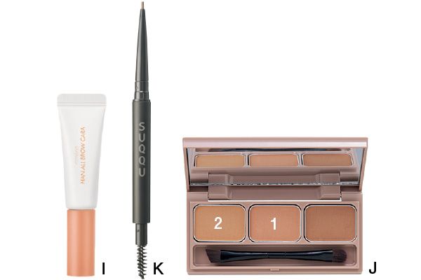 【J】の1と2を混ぜて眉全体を明るくし、【K】で眉尻をシャープに整える。【I】でさらに明るさを。