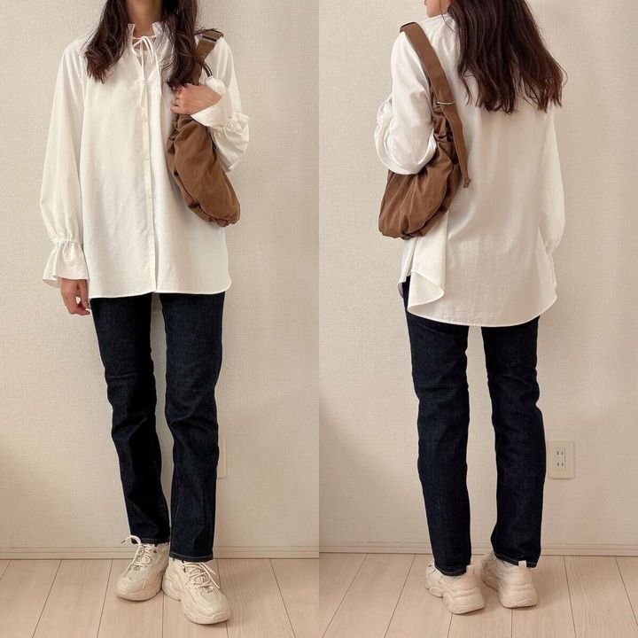 GUフリルネックチュニックとデニムのシンプルコーデ