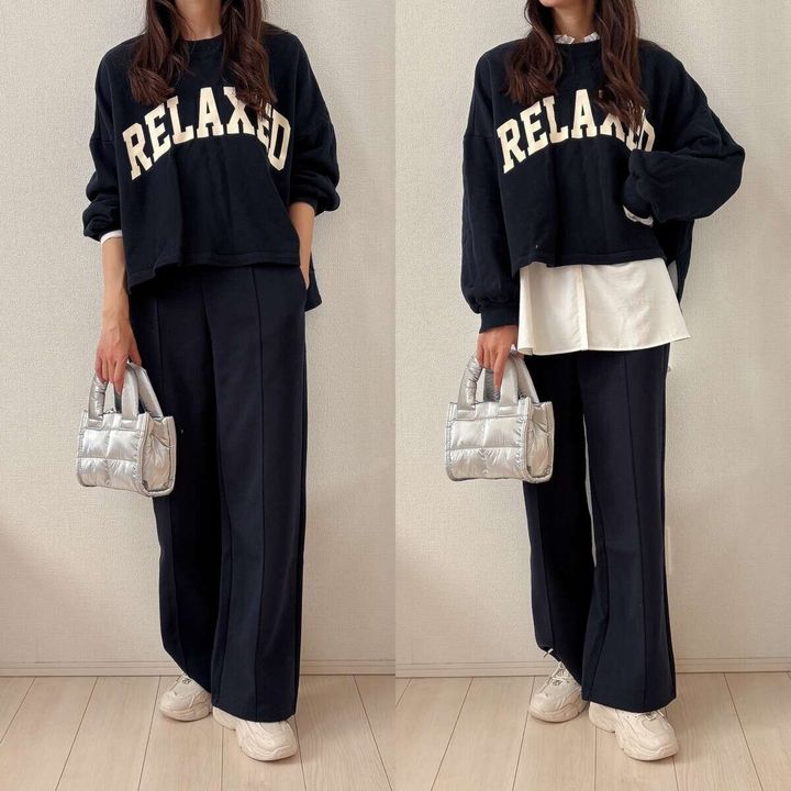 GUフリルネックチュニックとロゴスウェットコーデ