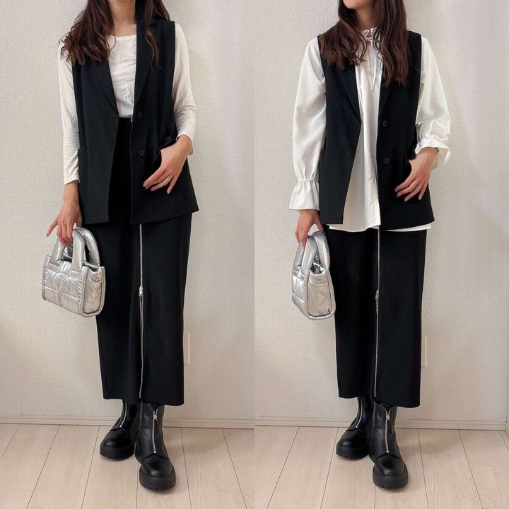 GUフリルネックチュニックのジレコーデ