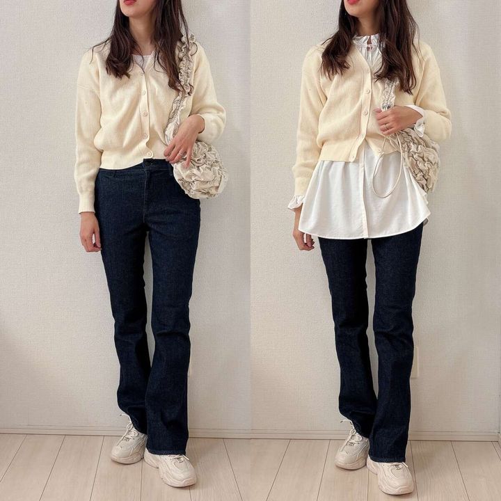 GUフリルネックチュニックとフレアデニムコーデ