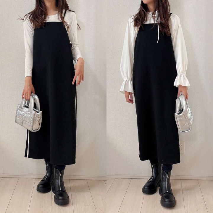 GUフリルネックチュニックのキャミワンピコーデ