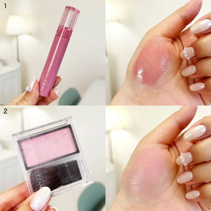 グレーニット×ミルキーピンク rom＆nd グラスティングカラーグロス 01 セザンヌ チークブラッシュ 03 ミルクモーヴ