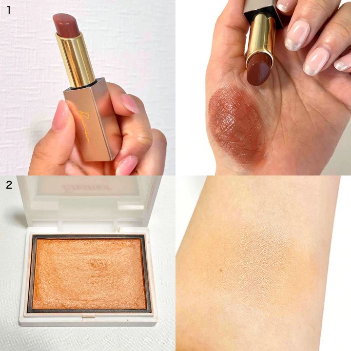 ベージュニットに似合うメイク オレンジブラウンコスメ リリミュウ バタールージュ 04 ベアオレンジ エナモル メロウメルティングチーク 02ピュアソルベ 