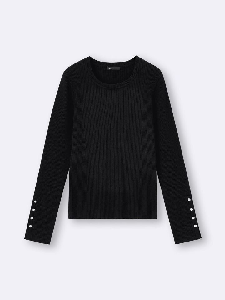 2025gu女性おすすめ黒ニットリブニットボタンスリーブプルオーバー