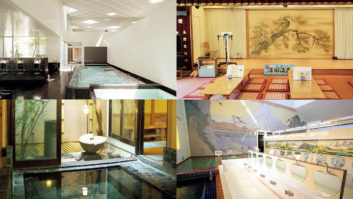 練馬〈久松湯〉浴場内、三好〈辰巳湯〉浴場内、蒲田〈蒲田温泉〉内観、中野〈昭和浴場〉浴場内