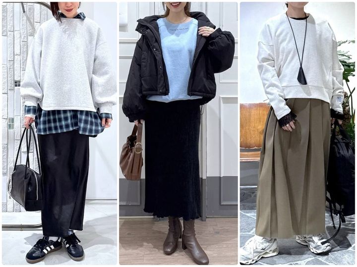 寒い時期から春まで着まわせる「スウェット」。大人の女性には、ボトムスにスカートを合わせたコーディネートがいちおしです！ ※サムネイル画像出典：WEAR