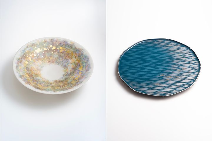 𠮷田幸央 金襴手彩色鉢 水尻清甫 沈金乾漆盤「海原」