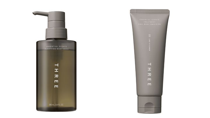 THREE エッセンシャルセンツ ピュリファイング ボディウォッシュ 280mL ¥3,960（税込）同トリートメントフルボディエマルジョン 01 100mL ¥5,500円（税込）／ともにTHREE 問い合わせ先： 0120-898-003